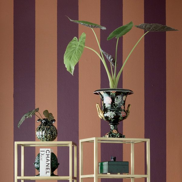 VASE, CUP SHAPE, FLORAL ON BLK