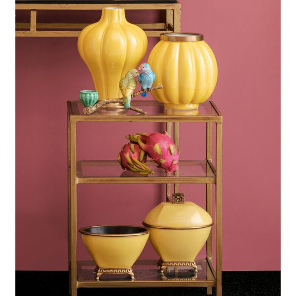 VASE, ROUND YELLOW W/BRZ RIM,