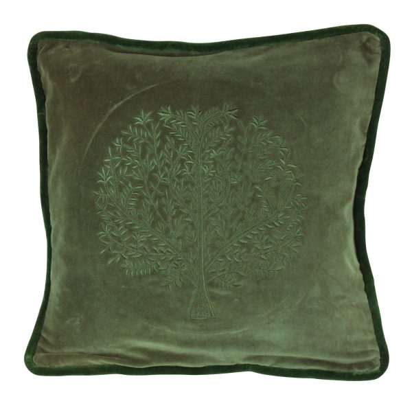 CUSHION COVER, EMBR. TREE OF LIFE, GREEN VELVET