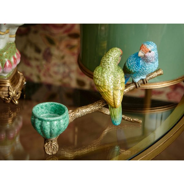 CANDLE HOLDER, PARROTS ON TWIG,