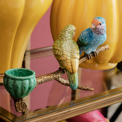 CANDLE HOLDER, PARROTS ON TWIG,