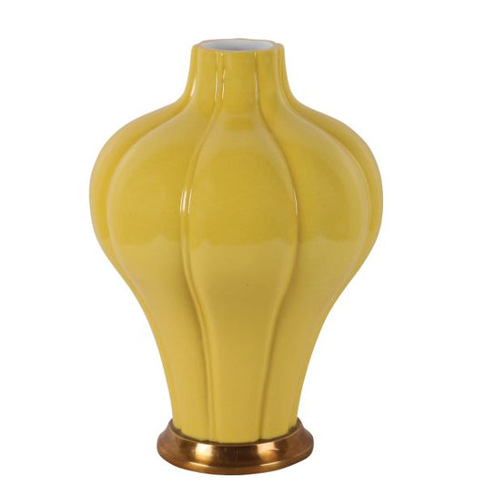 VASE W/BRZ PLATE, YELLOW,