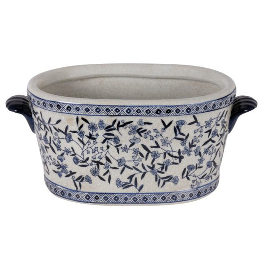 PLANTER, OVAL W/HDL BLUE/WHITE