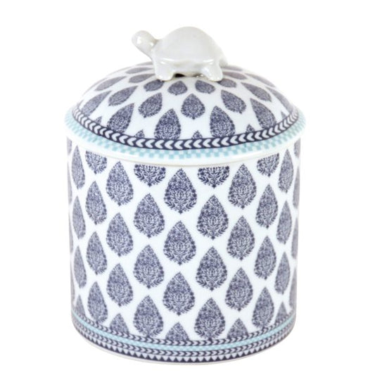 CANISTER, TORTOISE HDL. BLUE PAISLEY ON WHITE