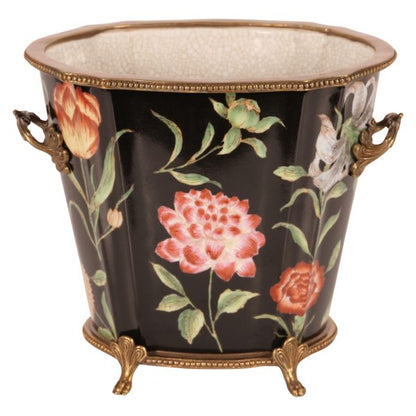 PLANTER. OVAL, FLORAL ON BLACK