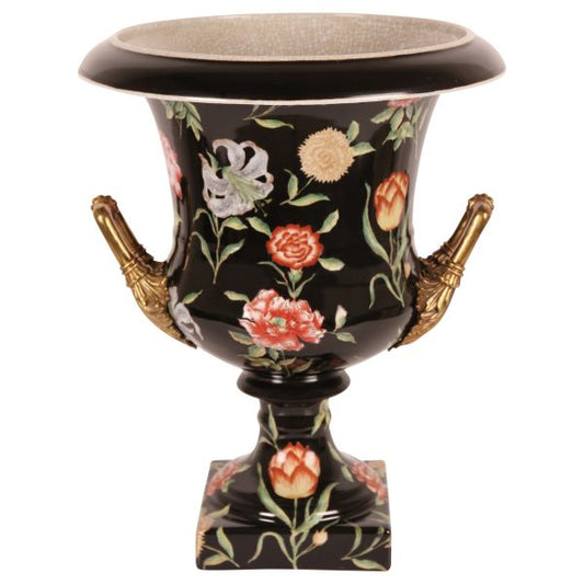 VASE, CUP SHAPE, FLORAL ON BLK