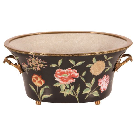 PLANTER, OVAL, FLORAL ON BLK,