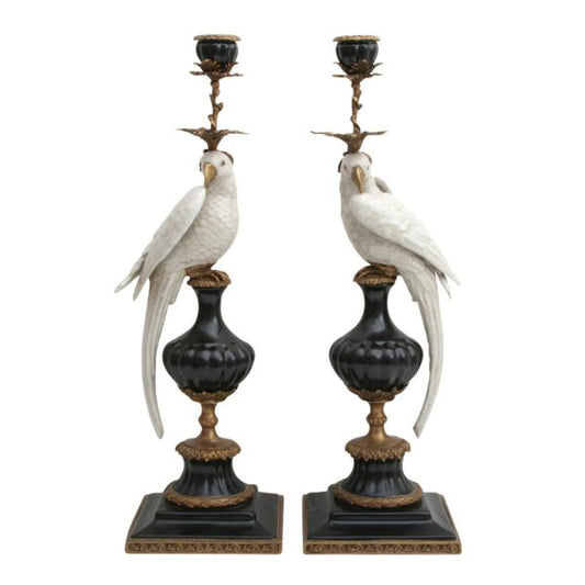 CANDLE HOLDER, PARROTS,WH/BLK