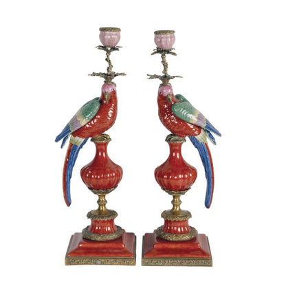 CANDLE HOLDER, PARROTS, RED,