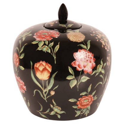 TEMPLE JAR, LOW, FLORAL ON BLK