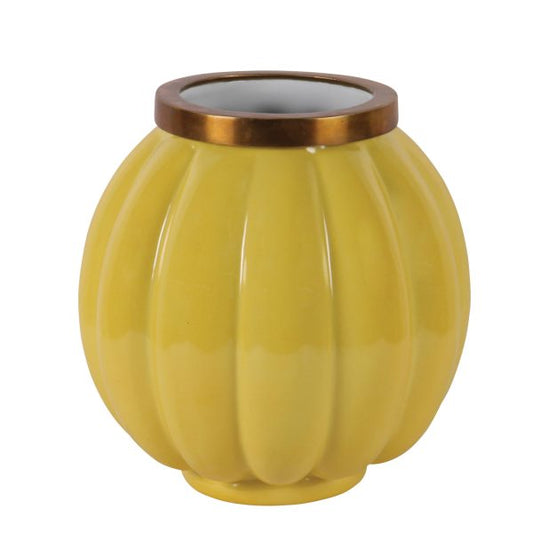 VASE, ROUND YELLOW W/BRZ RIM,